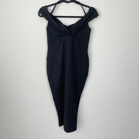 Nookie Athena Off The Shoulder Halter Scuba Crepe Cocktail Midi Dress Black M - Picture 3 of 11